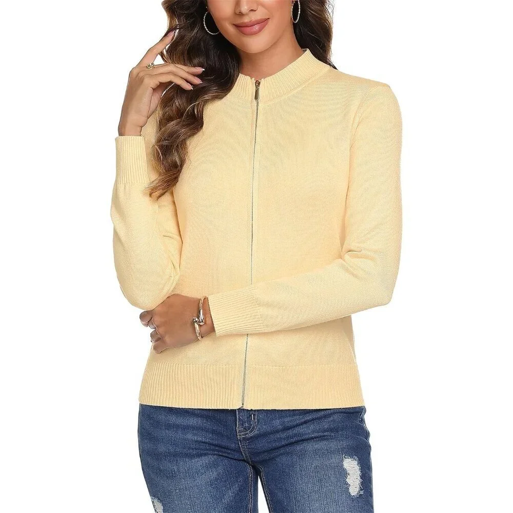 Womens Knit Zip Up Sweater Cardigan Lightweight Casual Long Sleeve